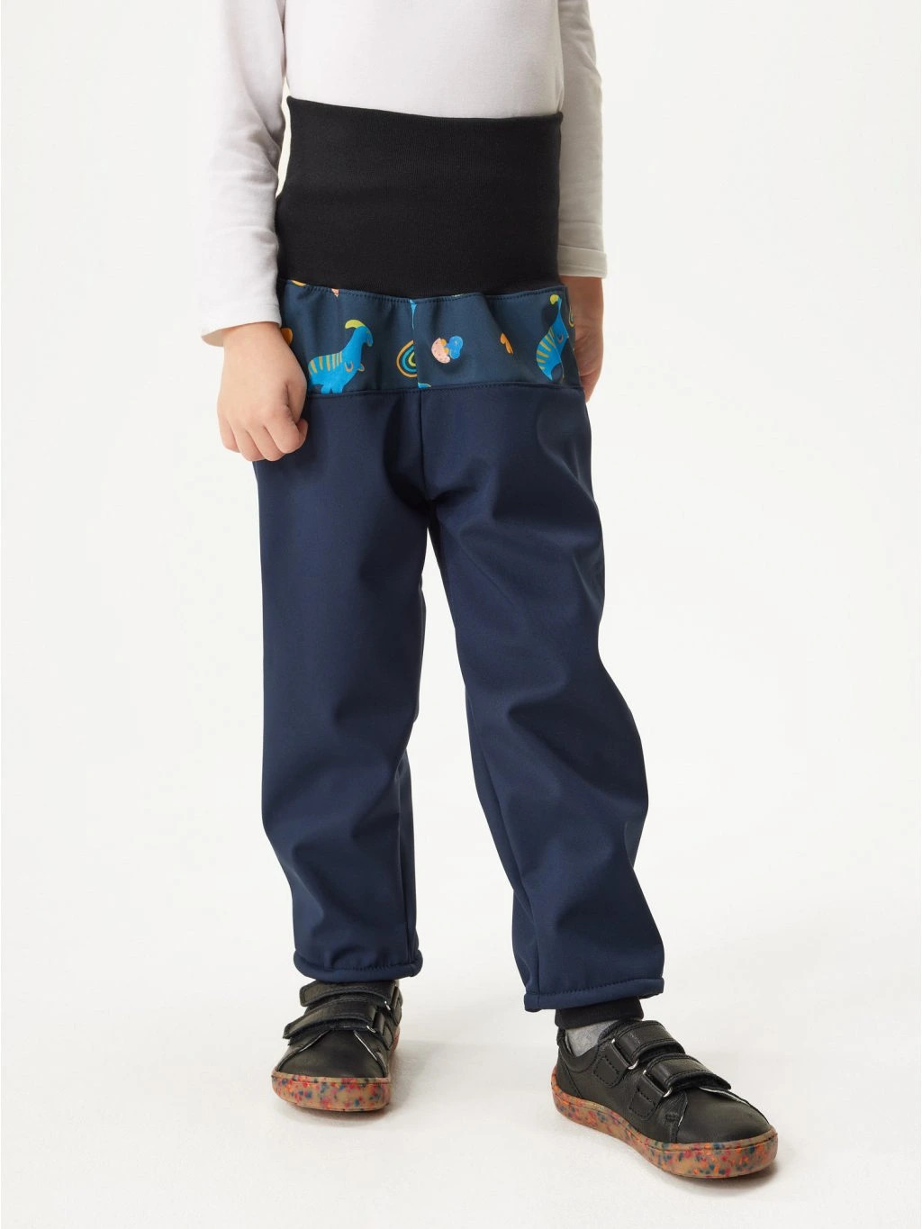 Softshellové kalhoty s fleecem Basic, Tm. Modročerná, Dinosauři - vel. 86/92