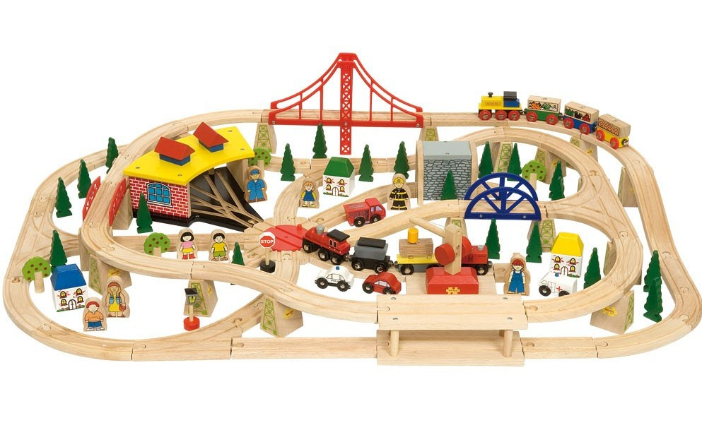 Bigjigs – Ferrovia in legno su due livelli – 130 pezzi