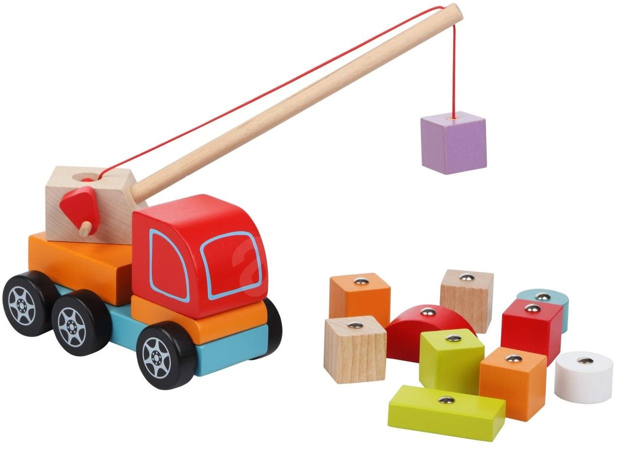 Magnetischer Kran aus Holz Spielzeug mit Seilzug & Anhänger Magnetismus 