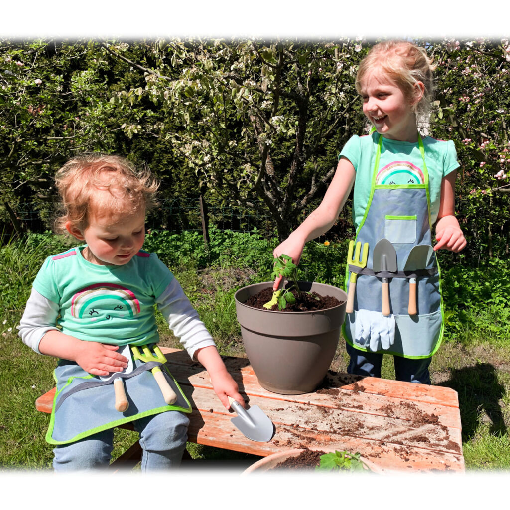 Piccolo kit di accessori da giardiniere in metallo per bambini Secchio +  guanti + piccoli attrezzi
